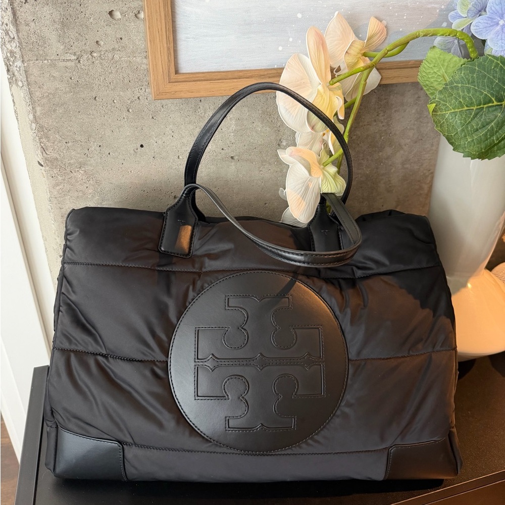 Tory Burch Black Quilted Ella Puffer Tote Bag